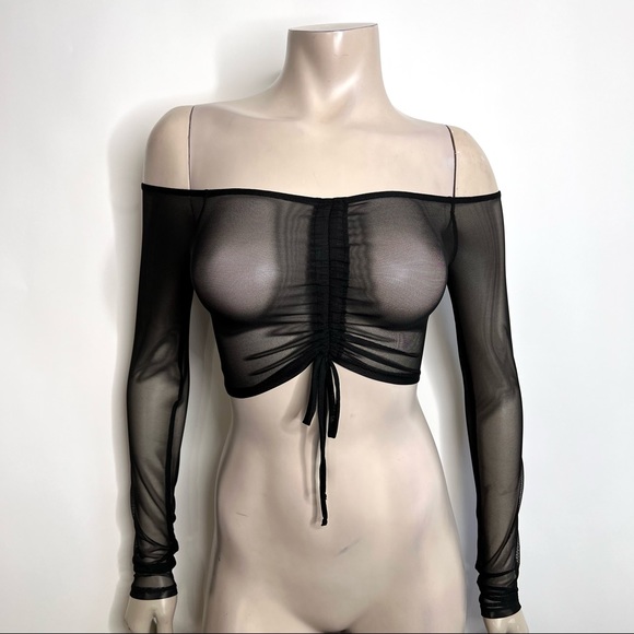 SOLD Fashion Nova Black Off Shoulder Mesh Long Sleeve Crop Top - Picture 2 of 8
